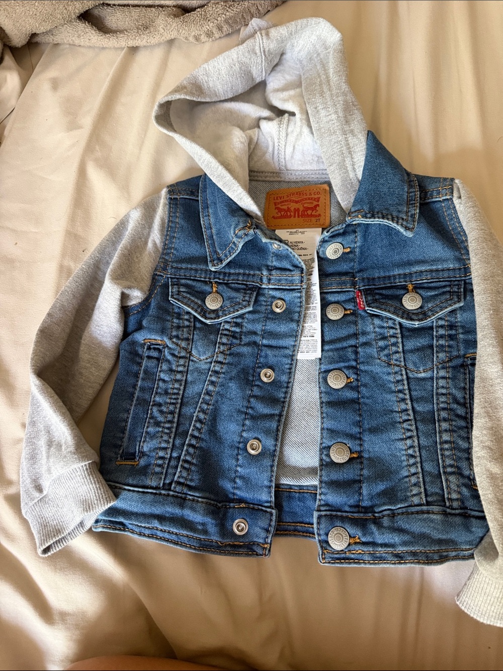 Signature by Levi Strauss Blue Denim Jacket with Gray Hoodie Sleeves